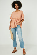 HJ3197 Salmon Womens Ruffle Detail Peplum Knit Top