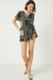 HJ3298W Black Plus Bandana Print Surplice Dolman Romper Front