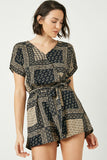 HJ3298 Denim Womens Bandana Print Surplice Dolman Romper Front