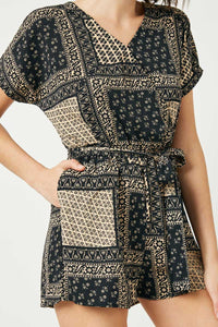 HJ3298W Black Plus Bandana Print Surplice Dolman Romper Back