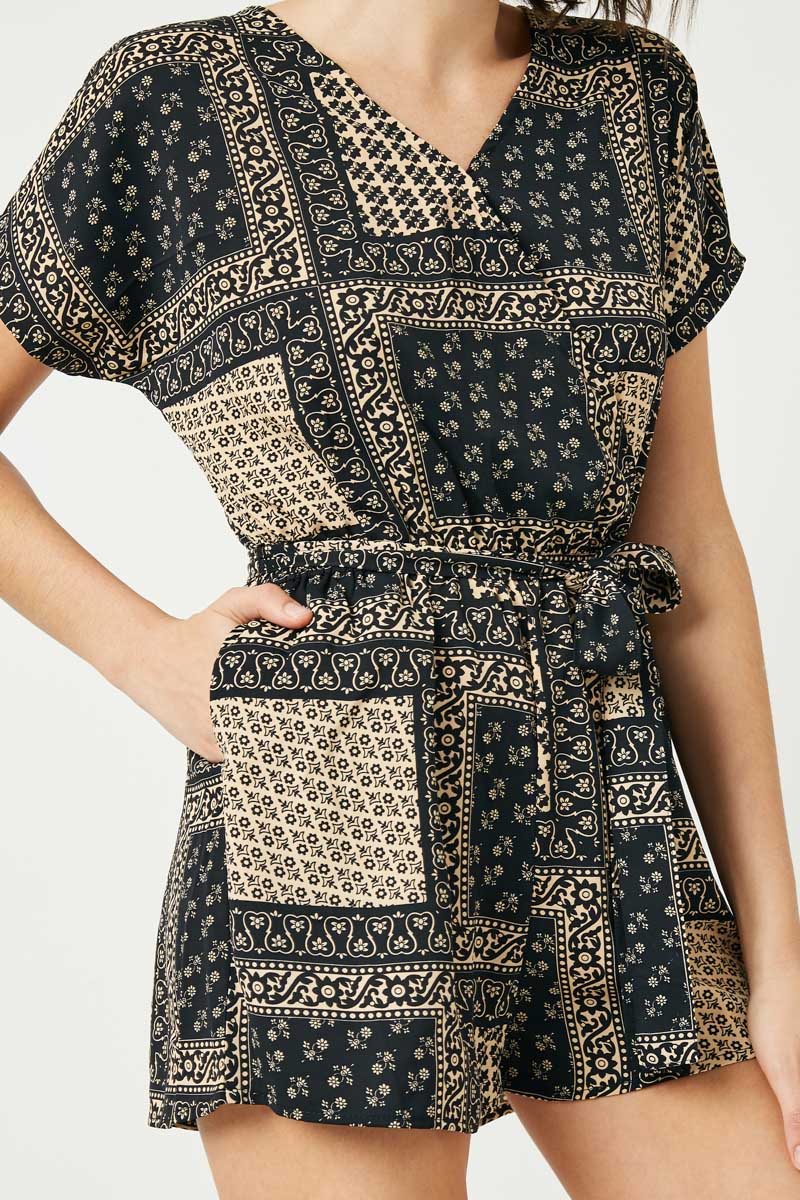 HJ3298W Black Plus Bandana Print Surplice Dolman Romper Back