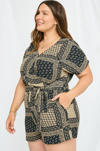 HJ3298 Black Womens Bandana Print Surplice Dolman Romper Front