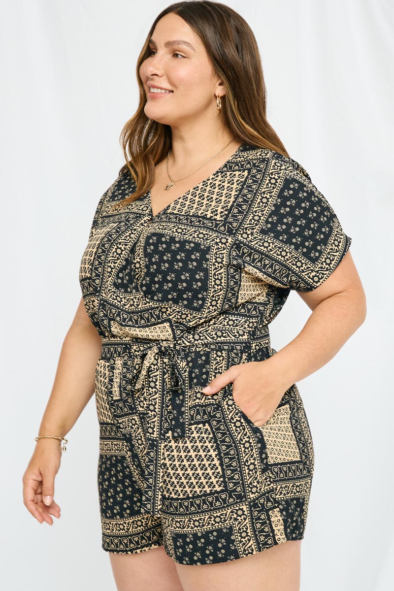 HJ3298 Black Womens Bandana Print Surplice Dolman Romper Front