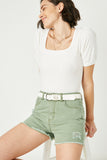 HJ3329 Green Womens Distressed Washed Color Denim Shorts Front