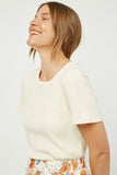 HJ3359 Cream Womens Textured Rib Short Sleeve Knit Top Full Body