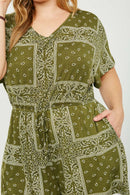 HJ3373 Olive Womens Bandana Print Pocket Knit Romper Full Body