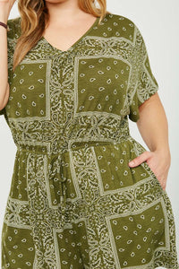 HJ3373 Olive Womens Bandana Print Pocket Knit Romper Full Body