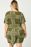 HJ3373 Olive Womens Bandana Print Pocket Knit Romper Detail