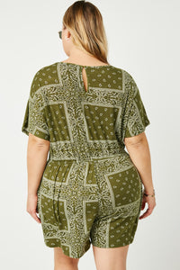 HJ3373 Olive Womens Bandana Print Pocket Knit Romper Detail