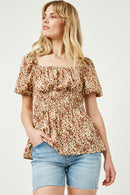 HJ3422W Leopard Plus Leopard Print Spaced Smocked Square Neck Top Front