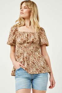 HJ3422W Leopard Plus Leopard Print Spaced Smocked Square Neck Top Front