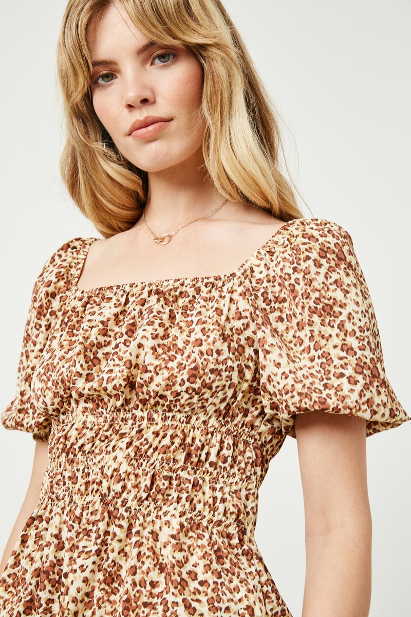 HJ3422W Leopard Plus Leopard Print Spaced Smocked Square Neck Top Back