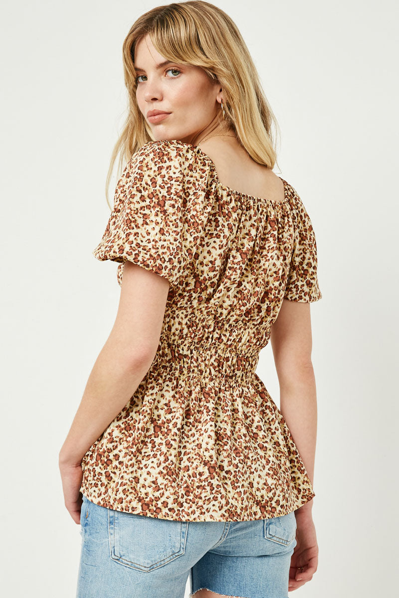 HJ3422W Leopard Plus Leopard Print Spaced Smocked Square Neck Top Full Body