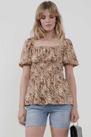 HJ3422W Leopard Plus Leopard Print Spaced Smocked Square Neck Top Front