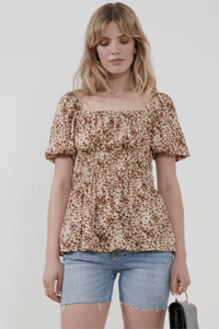 HJ3422W Leopard Plus Leopard Print Spaced Smocked Square Neck Top Front