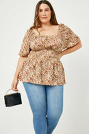 HJ3422 Leopard Womens Leopard Print Spaced Smocked Square Neck Top Front