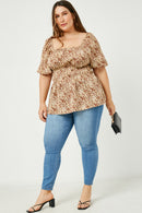 HJ3422 Leopard Womens Leopard Print Spaced Smocked Square Neck Top Back