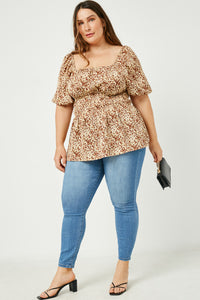 HJ3422 Leopard Womens Leopard Print Spaced Smocked Square Neck Top Back