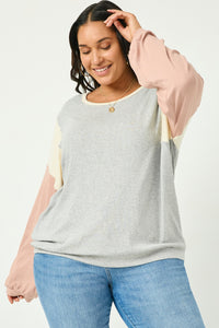 HJ3486 HEATHER GREY Womens Contrast Paneled Ribbed Knit Relaxed Tee Full Body