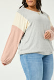 HJ3486 HEATHER GREY Womens Contrast Paneled Ribbed Knit Relaxed Tee Front