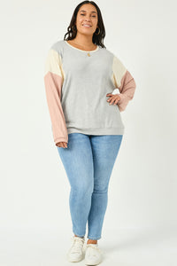 HJ3486 HEATHER GREY Womens Contrast Paneled Ribbed Knit Relaxed Tee Detail