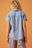 HK1010W Light Denim Plus Washed Tencel Pocketed Collared Shirt Front