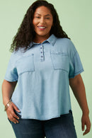 HK1010 Light Denim Womens Washed Tencel Pocketed Collared Shirt Alternate Angle