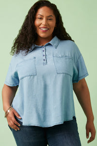 HK1010 Light Denim Womens Washed Tencel Pocketed Collared Shirt Alternate Angle