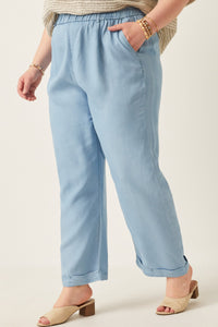 HK1011 Light Denim Womens Washed Tencel Elastic Waist Wideleg Pants Detail