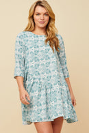 HK1024W Teal Plus Botanical Pattern Print Asymmetric Hem Mini Dress Pose