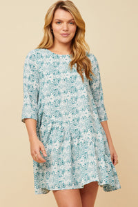 HK1024W Teal Plus Botanical Pattern Print Asymmetric Hem Mini Dress Pose