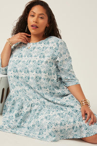 HK1024 Teal Womens Botanical Pattern Print Asymmetric Hem Midi Dress Full Body