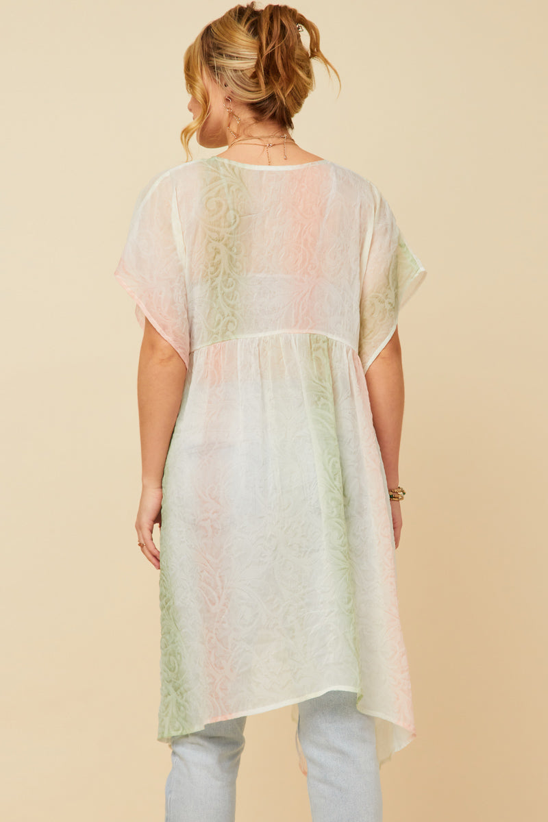 HK1032W Blush Plus Ombre Printed Embossed Chiffon Flowy Kimono Front