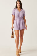 HK1040 Lavender Womens Textured Crochet Lace Detail Romper Side
