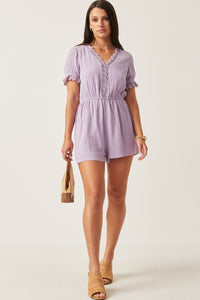 HK1040 Lavender Womens Textured Crochet Lace Detail Romper Side