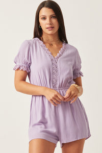 HK1040W Lavender Plus Textured Crochet Lace Detail Romper Pose