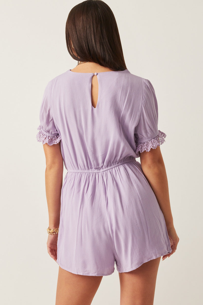 HK1040W Lavender Plus Textured Crochet Lace Detail Romper Back