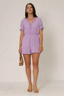 HK1040W Lavender Plus Textured Crochet Lace Detail Romper Pose