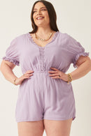 HK1040 Lavender Womens Textured Crochet Lace Detail Romper Full Body