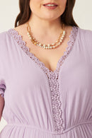 HK1040 Lavender Womens Textured Crochet Lace Detail Romper Front