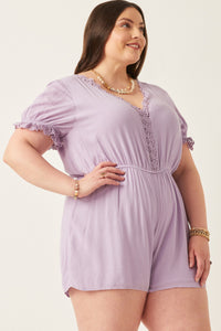 HK1040 Lavender Womens Textured Crochet Lace Detail Romper Back