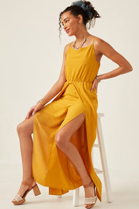 HK1080 Mustard Womens Textured Tulip Pant Cami Tank Jumpsuit Full Body 2