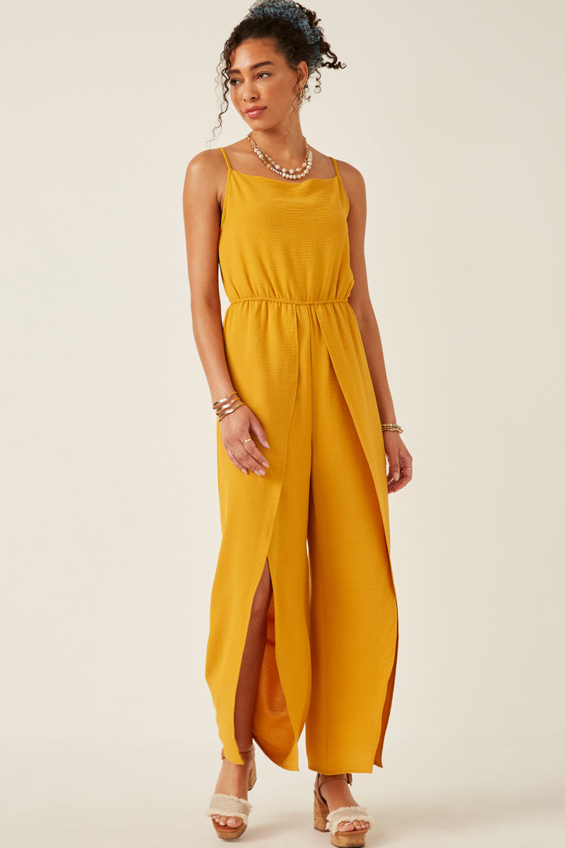 HK1080W Mustard Plus Textured Tulip Pant Cami Tank Jumpsuit Front