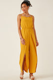 HK1080W Mustard Plus Textured Tulip Pant Cami Tank Jumpsuit Front