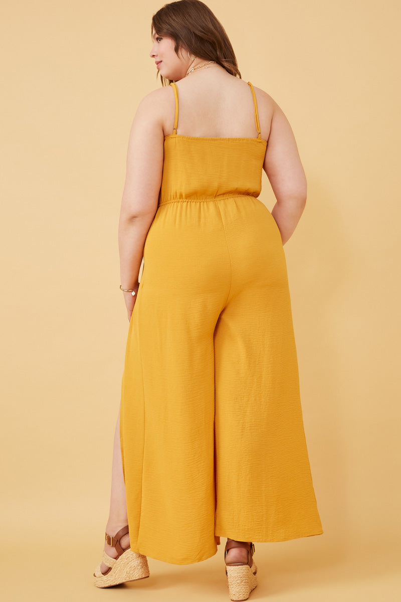 HK1080 Mustard Womens Textured Tulip Pant Cami Tank Jumpsuit Front