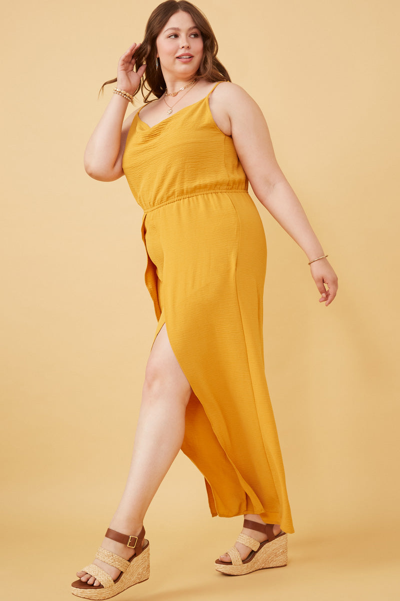 HK1080 Mustard Womens Textured Tulip Pant Cami Tank Jumpsuit Back