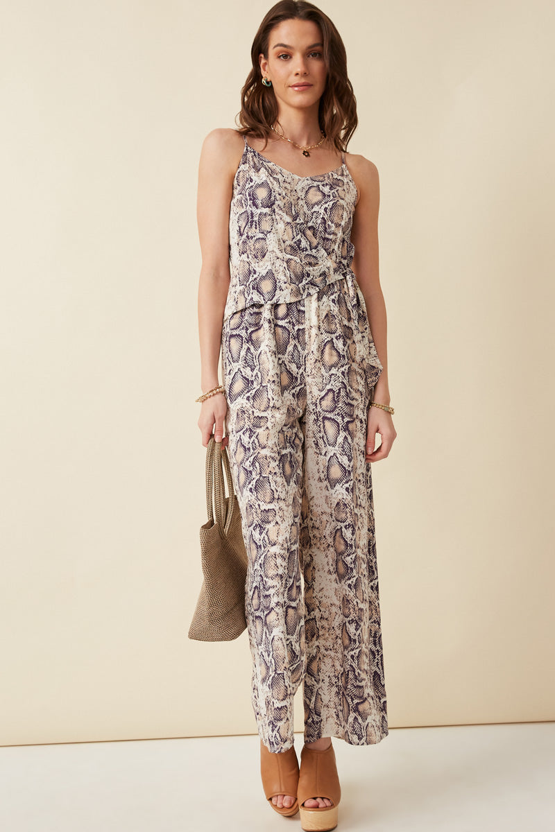 Surplice Tied Wide Leg Snake Print Jumpsuit