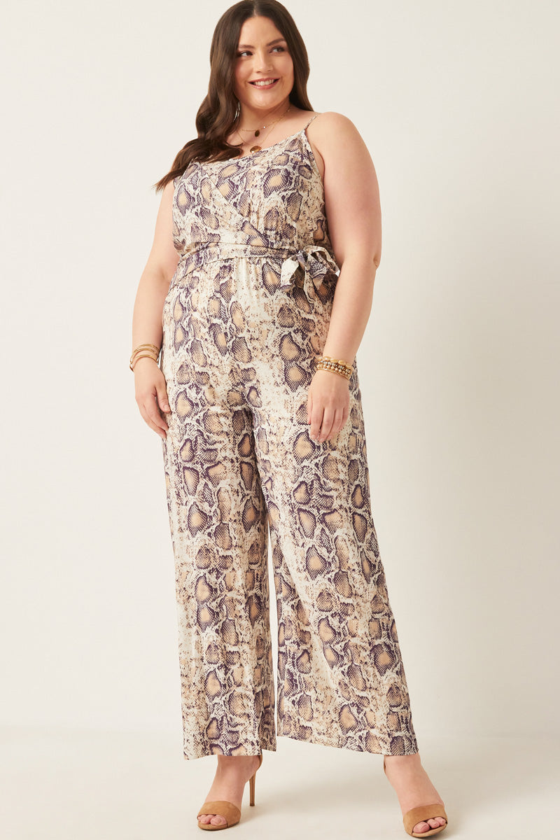 Surplice Tied Wide Leg Snake Print Jumpsuit