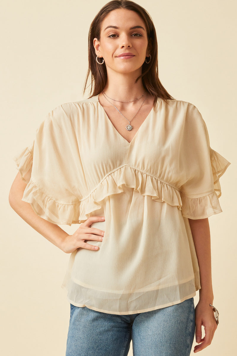 V Neck Wide Sleeve Ruffled Chiffon Top