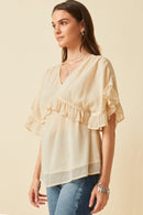 HK1103W Pink Plus V Neck Wide Sleeve Ruffled Chiffon Top Full Body